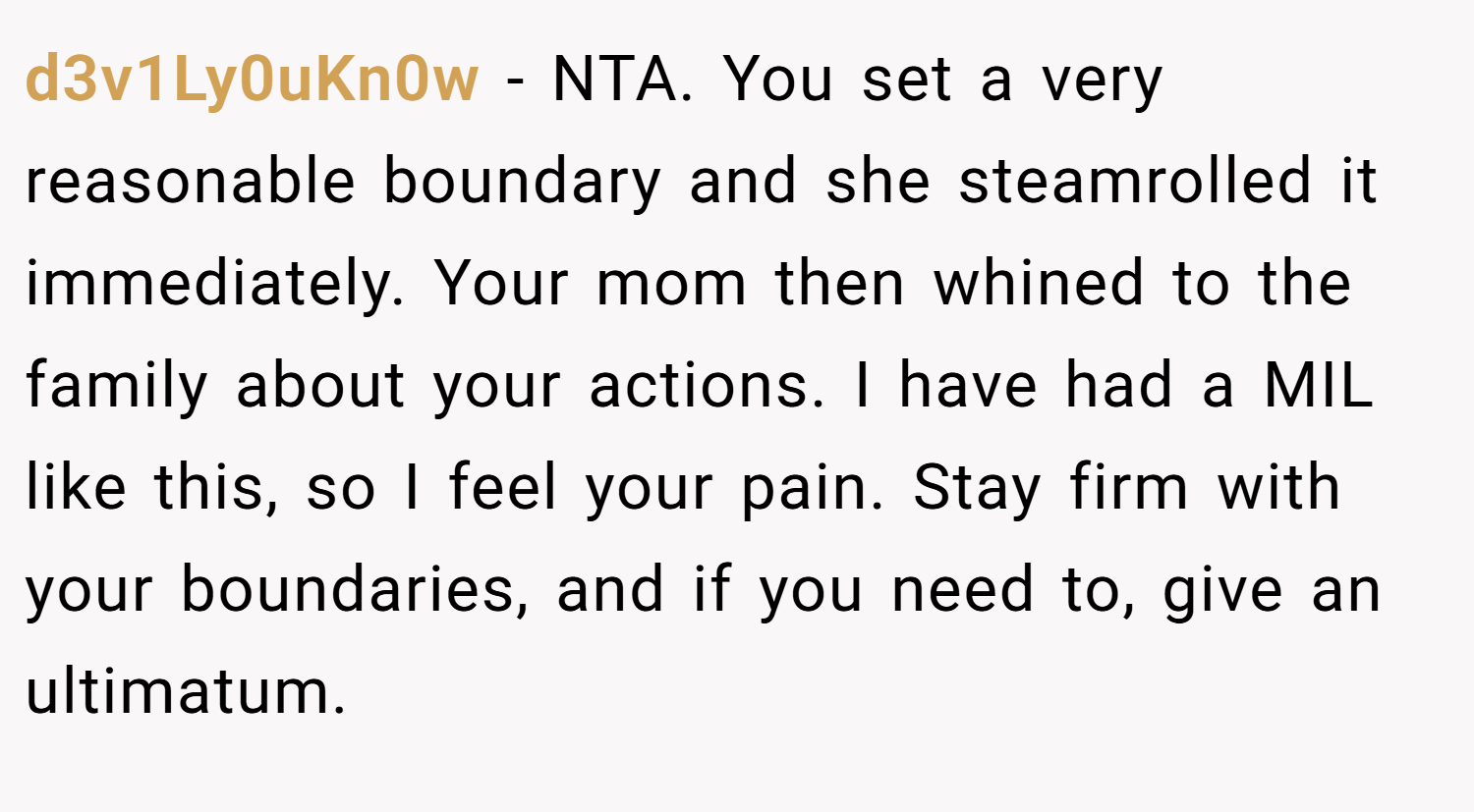 d3v1Ly0uKn0w − NTA. You set a very reasonable boundary and she steamrolled it immediately. Your mom then whined to the family about your actions. I have had a MIL like this, so I feel your pain. Stay firm with your boundaries, and if you need to, give an ultimatum.