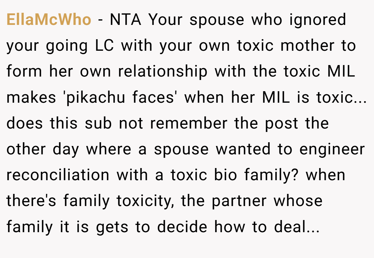 EllaMcWho - NTA Your spouse who ignored your going LC with your own toxic mother to form her own relationship with the toxic MIL makes 'pikachu faces' when her MIL is toxic... does this sub not remember the post the other day where a spouse wanted to engineer reconciliation with a toxic bio family? when there's family toxicity, the partner whose family it is gets to decide how to deal...