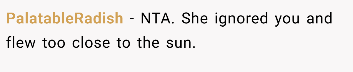 PalatableRadish - NTA. She ignored you and flew too close to the sun.