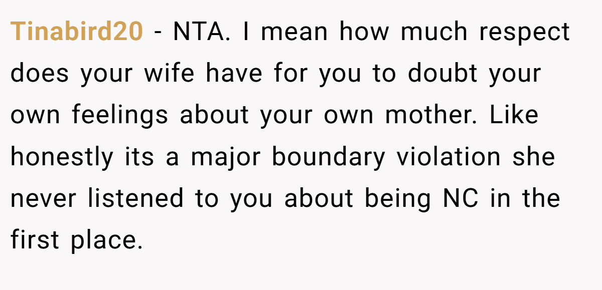 Tinabird20 - NTA. I mean how much respect does your wife have for you to doubt your own feelings about your own mother. Like honestly its a major boundary violation she never listened to you about being NC in the first place.