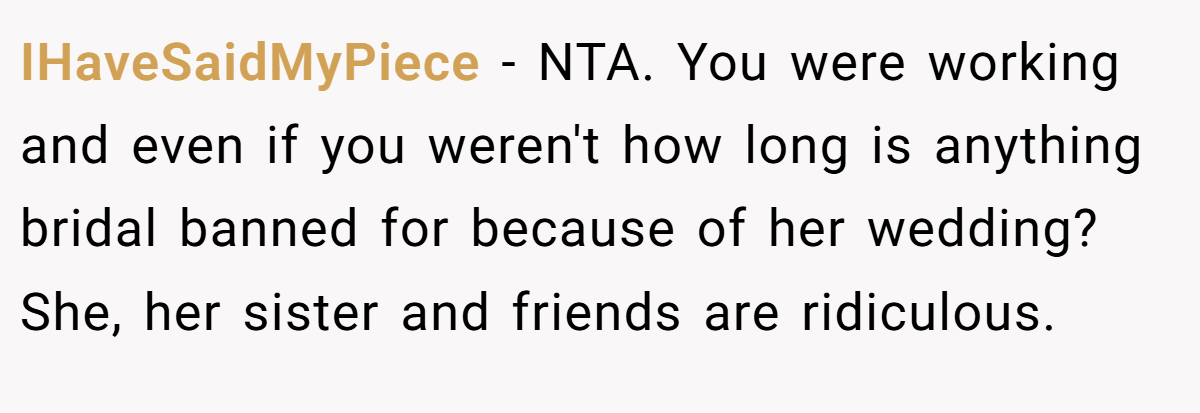 IHaveSaidMyPiece - NTA. You were working and even if you weren't how long is anything bridal banned for because of her wedding? She, her sister and friends are ridiculous.