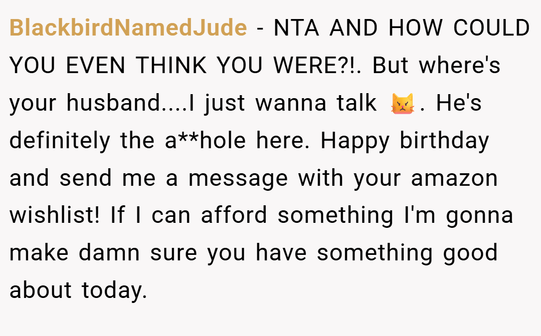 BlackbirdNamedJude − NTA AND HOW COULD YOU EVEN THINK YOU WERE?!. But where's your husband....I just wanna talk 😾. He's definitely the a**hole here. Happy birthday and send me a message with your amazon wishlist! If I can afford something I'm gonna make damn sure you have something good about today.