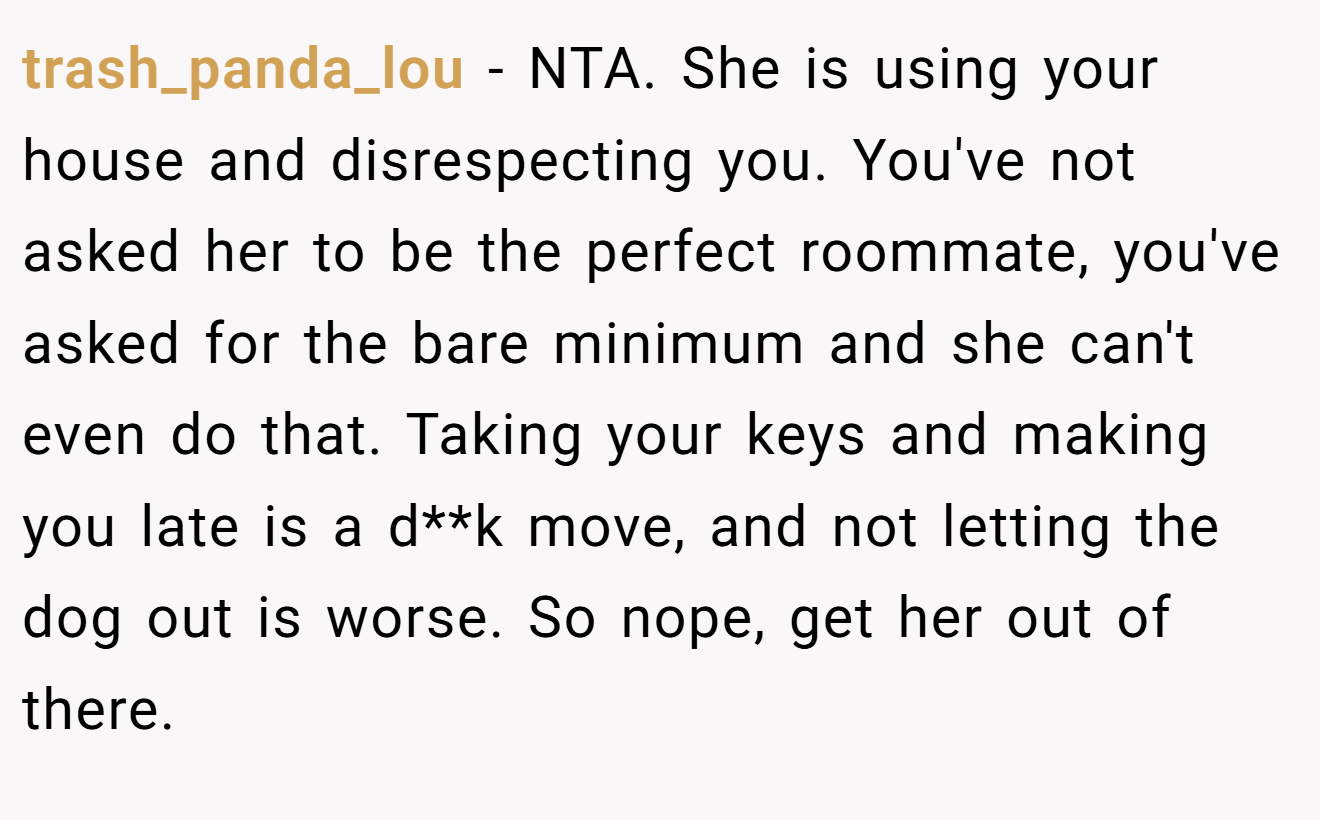 trash_panda_lou - NTA. She is using your house and disrespecting you. You've not asked her to be the perfect roommate, you've asked for the bare minimum and she can't even do that. Taking your keys and making you late is a d**k move, and not letting the dog out is worse. So nope, get her out of there.