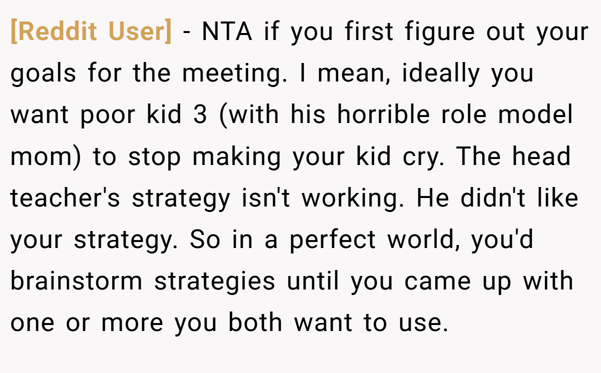 [Reddit User] - NTA if you first figure out your goals for the meeting. I mean, ideally you want poor kid 3 (with his horrible role model mom) to stop making your kid cry. The head teacher's strategy isn't working. He didn't like your strategy. So in a perfect world, you'd brainstorm strategies until you came up with one or more you both want to use.