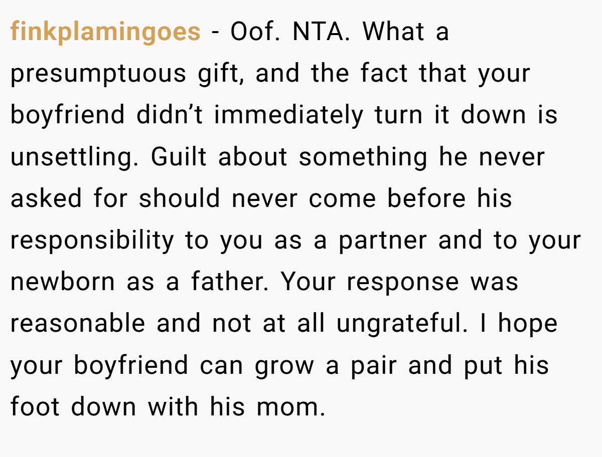 finkplamingoes − Oof. NTA. What a presumptuous gift, and the fact that your boyfriend didn’t immediately turn it down is unsettling. Guilt about something he never asked for should never come before his responsibility to you as a partner and to your newborn as a father. Your response was reasonable and not at all ungrateful. I hope your boyfriend can grow a pair and put his foot down with his mom.