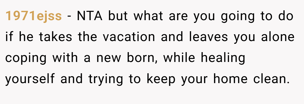 1971ejss − NTA but what are you going to do if he takes the vacation and leaves you alone coping with a new born, while healing yourself and trying to keep your home clean.