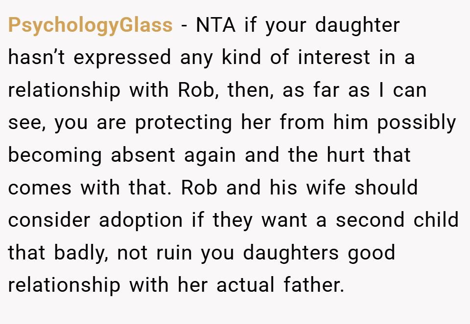PsychologyGlass − NTA if your daughter hasn’t expressed any kind of interest in a relationship with Rob, then, as far as I can see, you are protecting her from him possibly becoming absent again and the hurt that comes with that. Rob and his wife should consider adoption if they want a second child that badly, not ruin you daughters good relationship with her actual father.
