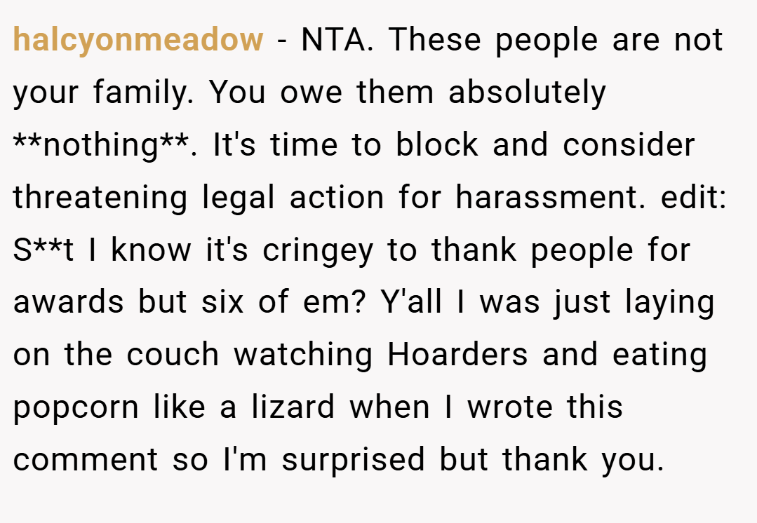 halcyonmeadow − NTA. These people are not your family. You owe them absolutely **nothing**. It's time to block and consider threatening legal action for harassment. edit: S**t I know it's cringey to thank people for awards but six of em? Y'all I was just laying on the couch watching Hoarders and eating popcorn like a lizard when I wrote this comment so I'm surprised but thank you.