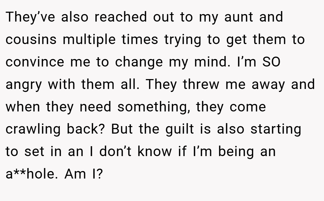 They’ve also reached out to my aunt and cousins multiple times trying to get them to convince me to change my mind. I’m SO angry with them all. They threw me away and when they need something, they come crawling back? But the guilt is also starting to set in an I don’t know if I’m being an a**hole. Am I?