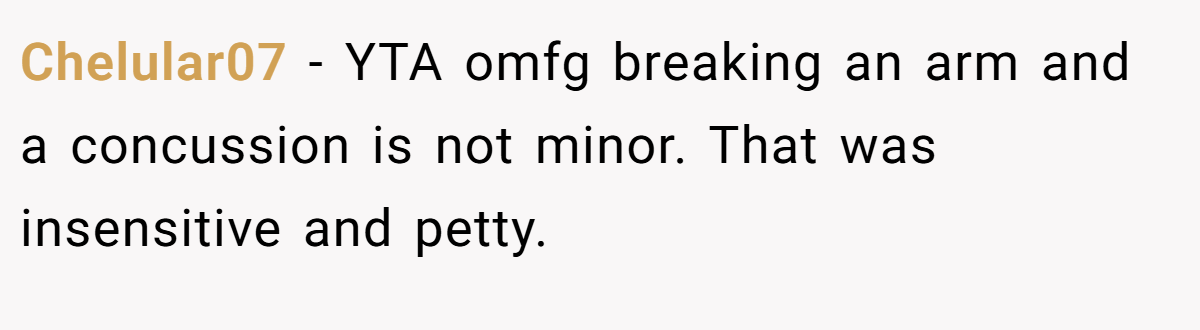 Chelular07 - YTA omfg breaking an arm and a concussion is not minor. That was insensitive and petty.
