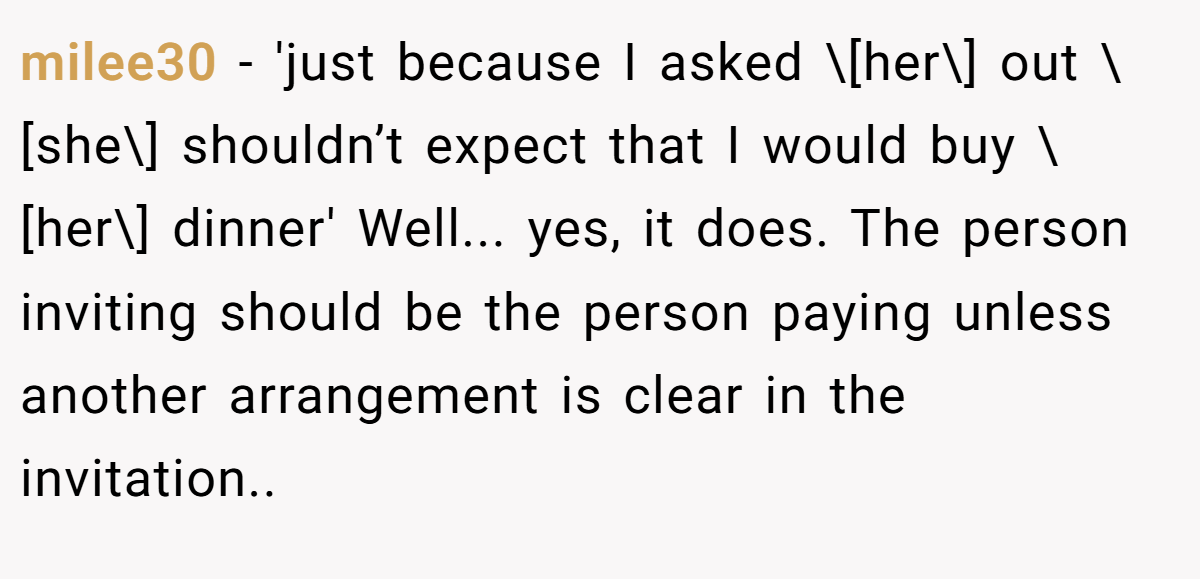 milee30 - 'just because I asked \[her\] out \[she\] shouldn’t expect that I would buy \[her\] dinner' Well... yes, it does. The person inviting should be the person paying unless another arrangement is clear in the invitation..