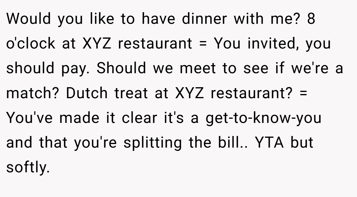 Would you like to have dinner with me? 8 o'clock at XYZ restaurant = You invited, you should pay. Should we meet to see if we're a match? Dutch treat at XYZ restaurant? = You've made it clear it's a get-to-know-you and that you're splitting the bill.. YTA but softly.