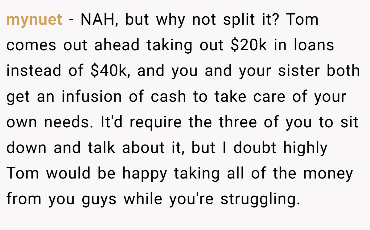 mynuet - NAH, but why not split it? Tom comes out ahead taking out $20k in loans instead of $40k, and you and your sister both get an infusion of cash to take care of your own needs. It'd require the three of you to sit down and talk about it, but I doubt highly Tom would be happy taking all of the money from you guys while you're struggling.