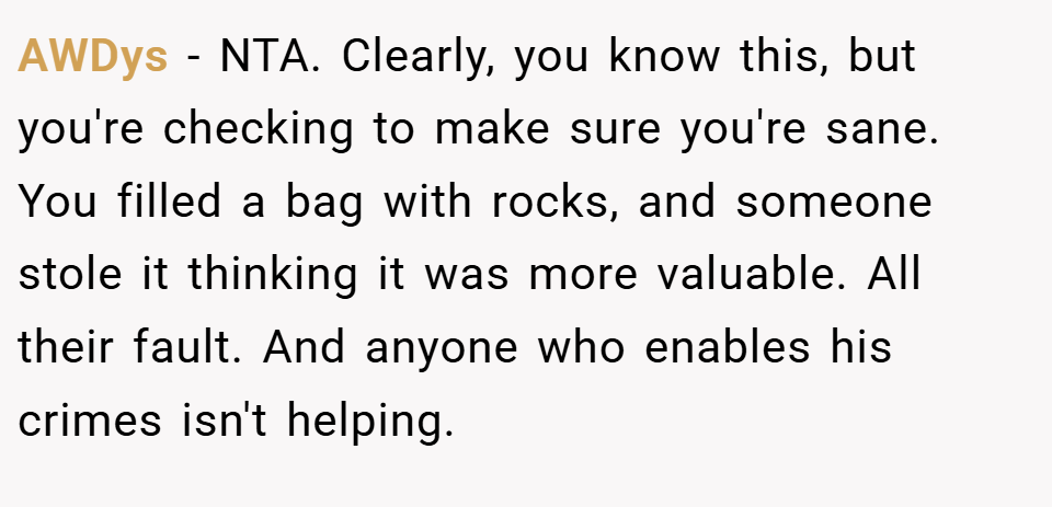 AWDys − NTA. Clearly, you know this, but you're checking to make sure you're sane. You filled a bag with rocks, and someone stole it thinking it was more valuable. All their fault. And anyone who enables his crimes isn't helping.