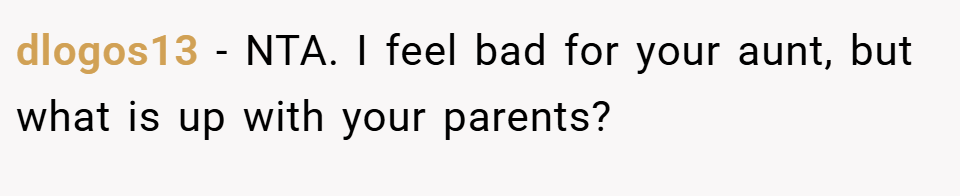 dlogos13 − NTA. I feel bad for your aunt, but what is up with your parents?