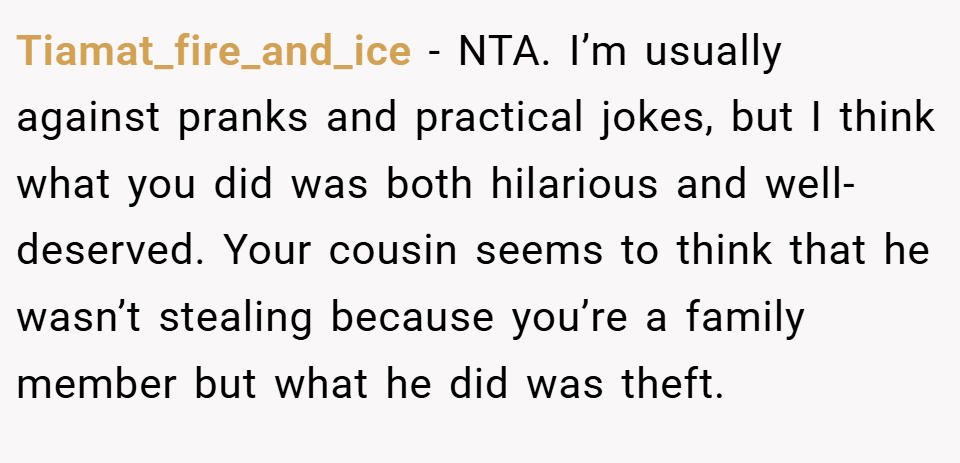 Tiamat_fire_and_ice − NTA. I’m usually against pranks and practical jokes, but I think what you did was both hilarious and well-deserved. Your cousin seems to think that he wasn’t stealing because you’re a family member but what he did was theft.