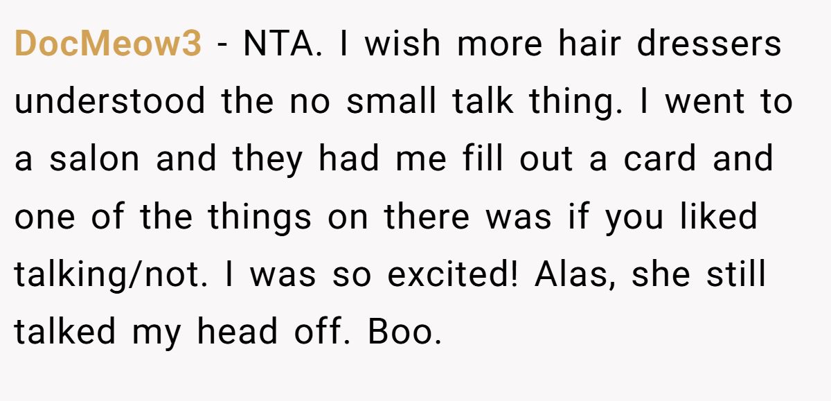 DocMeow3 - NTA. I wish more hair dressers understood the no small talk thing. I went to a salon and they had me fill out a card and one of the things on there was if you liked talking/not. I was so excited! Alas, she still talked my head off. Boo.