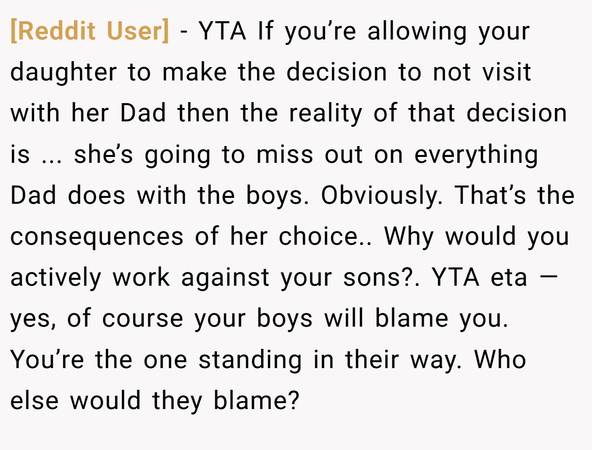 [Reddit User] - YTA If you’re allowing your daughter to make the decision to not visit with her Dad then the reality of that decision is ... she’s going to miss out on everything Dad does with the boys. Obviously. That’s the consequences of her choice.. Why would you actively work against your sons?. YTA eta — yes, of course your boys will blame you. You’re the one standing in their way. Who else would they blame?