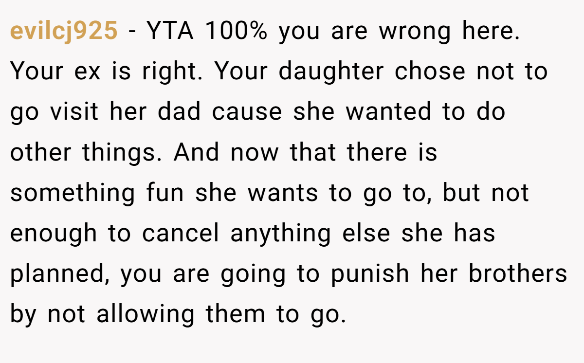 evilcj925 - YTA 100% you are wrong here. Your ex is right. Your daughter chose not to go visit her dad cause she wanted to do other things. And now that there is something fun she wants to go to, but not enough to cancel anything else she has planned, you are going to punish her brothers by not allowing them to go.