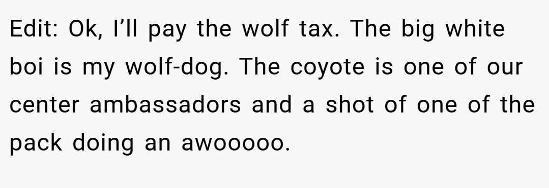 Edit: Ok, I’ll pay the wolf tax. The big white boi is my wolf-dog. The coyote is one of our center ambassadors and a shot of one of the pack doing an awooooo.