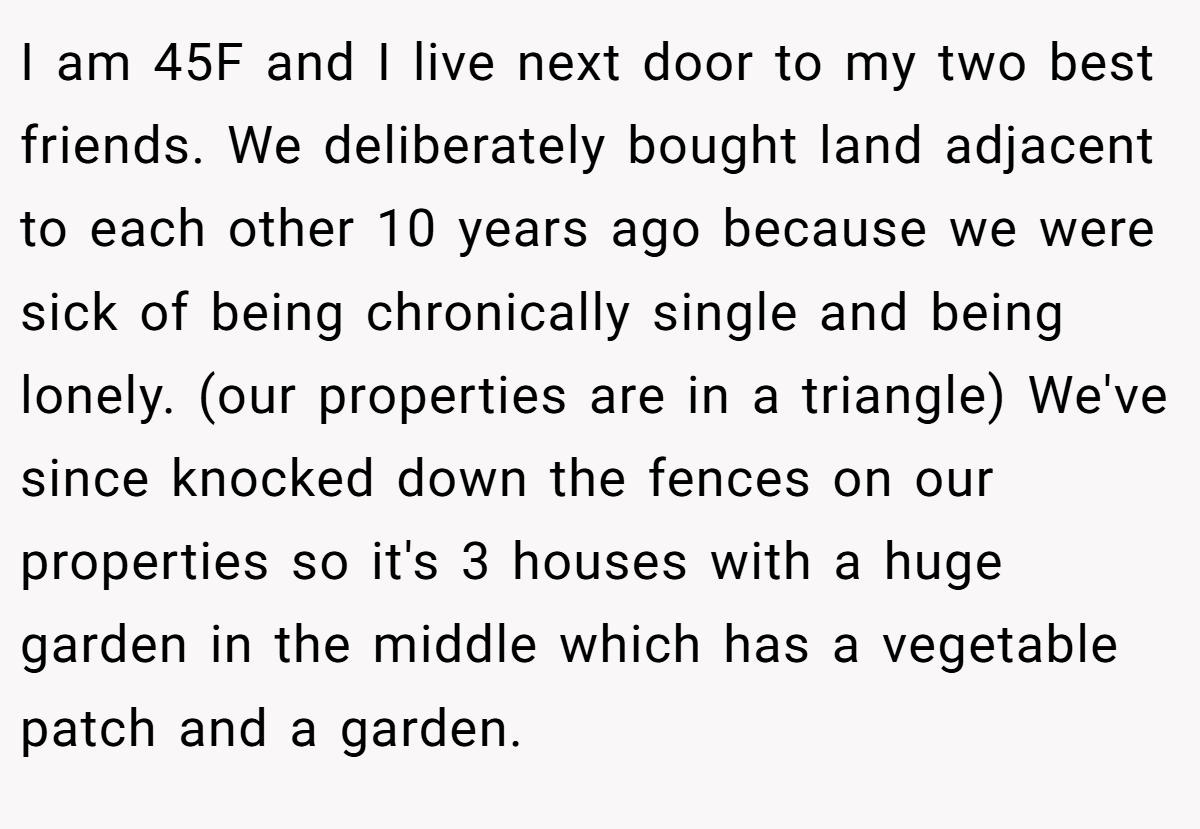 I am 45F and I live next door to my two best friends. We deliberately bought land adjacent to each other 10 years ago because we were sick of being chronically single and being lonely. (our properties are in a triangle) We've since knocked down the fences on our properties so it's 3 houses with a huge garden in the middle which has a vegetable patch and a garden.