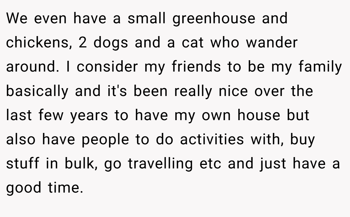We even have a small greenhouse and chickens, 2 dogs and a cat who wander around. I consider my friends to be my family basically and it's been really nice over the last few years to have my own house but also have people to do activities with, buy stuff in bulk, go travelling etc and just have a good time.