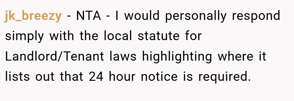 jk_breezy − NTA - I would personally respond simply with the local statute for Landlord/Tenant laws highlighting where it lists out that 24 hour notice is required.