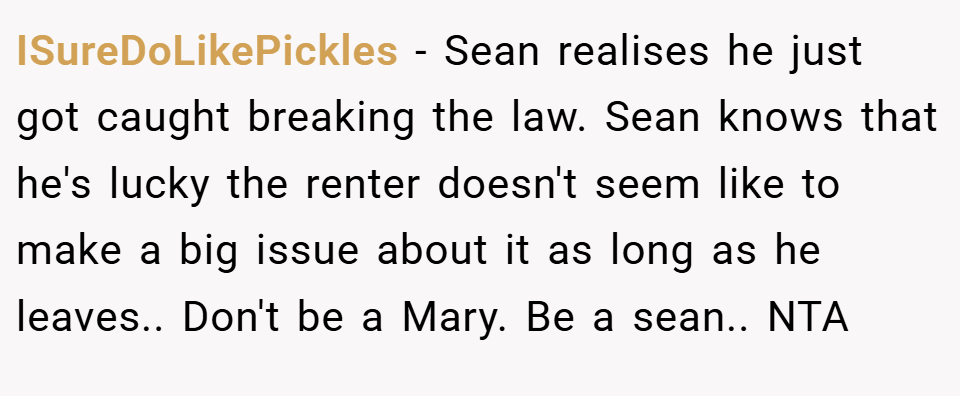 ISureDoLikePickles − Sean realises he just got caught breaking the law. Sean knows that he's lucky the renter doesn't seem like to make a big issue about it as long as he leaves.. Don't be a Mary. Be a sean.. NTA