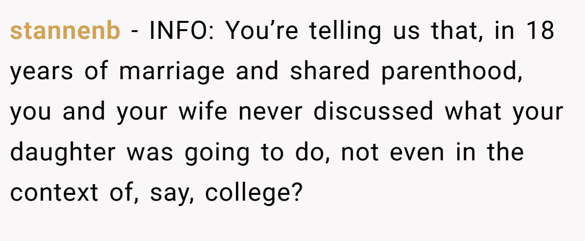 stannenb - INFO: You’re telling us that, in 18 years of marriage and shared parenthood, you and your wife never discussed what your daughter was going to do, not even in the context of, say, college?