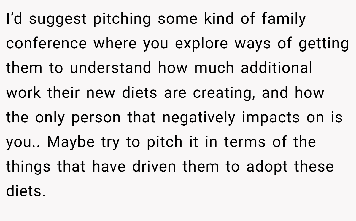 I’d suggest pitching some kind of family conference where you explore ways of getting them to understand how much additional work their new diets are creating, and how the only person that negatively impacts on is you.. Maybe try to pitch it in terms of the things that have driven them to adopt these diets.
