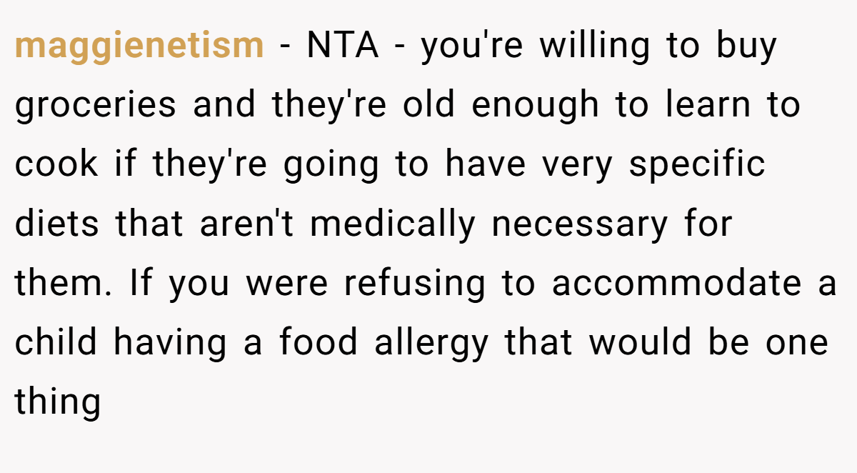 maggienetism − NTA - you're willing to buy groceries and they're old enough to learn to cook if they're going to have very specific diets that aren't medically necessary for them. If you were refusing to accommodate a child having a food allergy that would be one thing