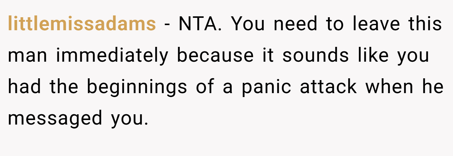 littlemissadams − NTA. You need to leave this man immediately because it sounds like you had the beginnings of a panic attack when he messaged you.