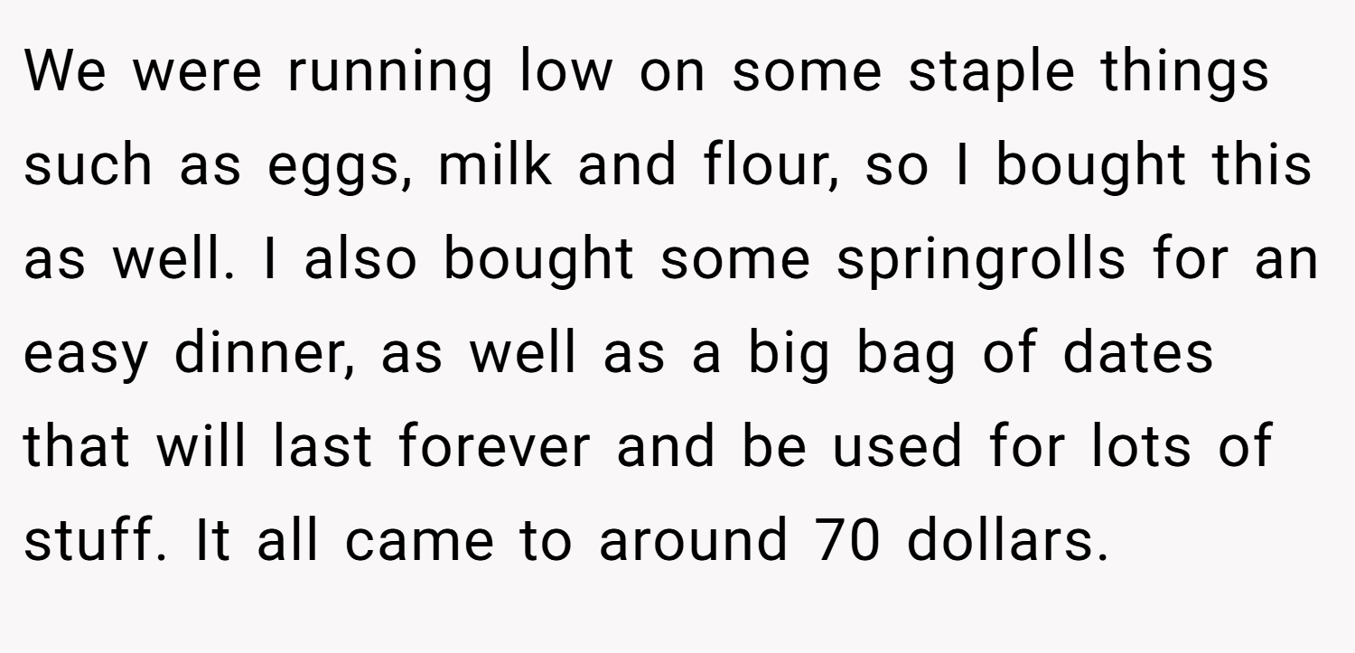 We were running low on some staple things such as eggs, milk and flour, so I bought this as well. I also bought some springrolls for an easy dinner, as well as a big bag of dates that will last forever and be used for lots of stuff. It all came to around 70 dollars.