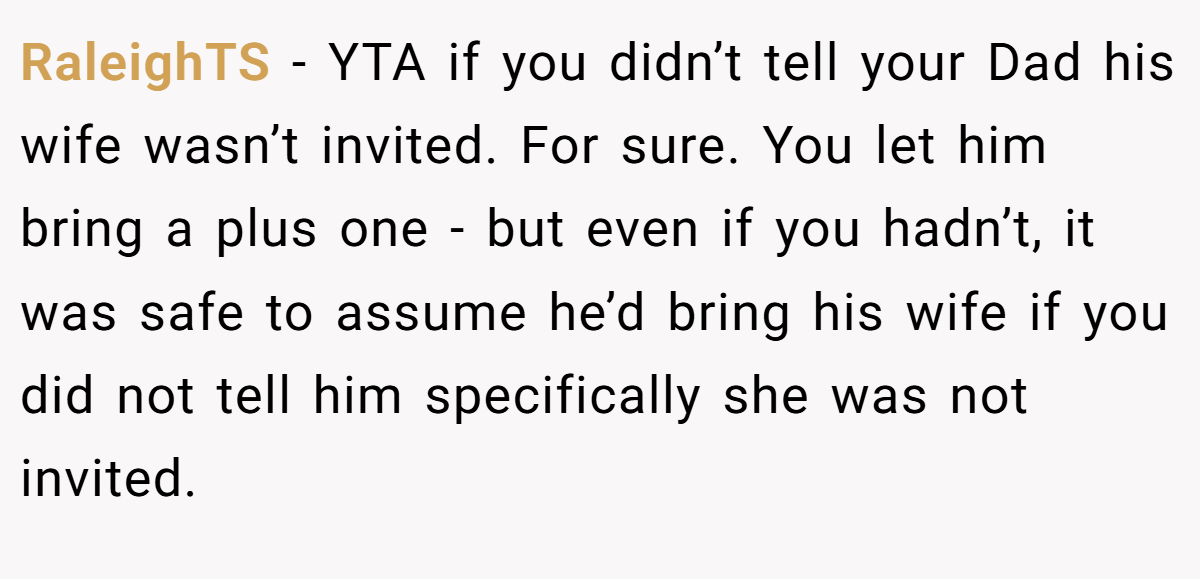 RaleighTS − YTA if you didn’t tell your Dad his wife wasn’t invited. For sure. You let him bring a plus one - but even if you hadn’t, it was safe to assume he’d bring his wife if you did not tell him specifically she was not invited.