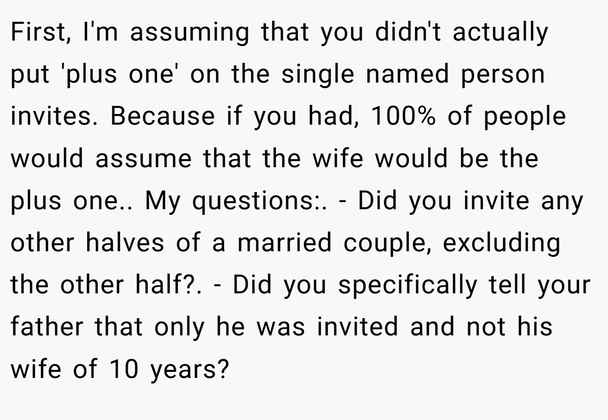 First, I'm assuming that you didn't actually put 'plus one' on the single named person invites. Because if you had, 100% of people would assume that the wife would be the plus one.. My questions:. - Did you invite any other halves of a married couple, excluding the other half?. - Did you specifically tell your father that only he was invited and not his wife of 10 years?