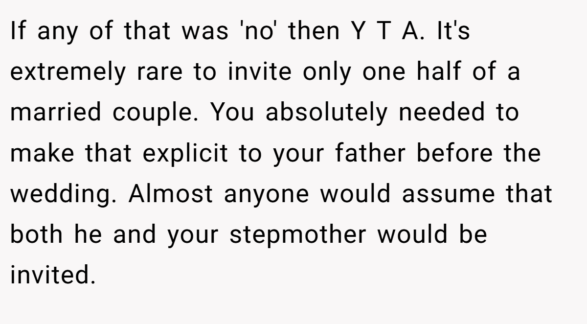 If any of that was 'no' then Y T A. It's extremely rare to invite only one half of a married couple. You absolutely needed to make that explicit to your father before the wedding. Almost anyone would assume that both he and your stepmother would be invited.