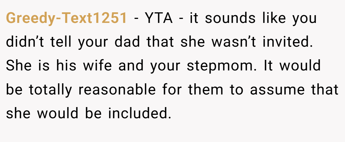 Greedy-Text1251 − YTA - it sounds like you didn’t tell your dad that she wasn’t invited. She is his wife and your stepmom. It would be totally reasonable for them to assume that she would be included.