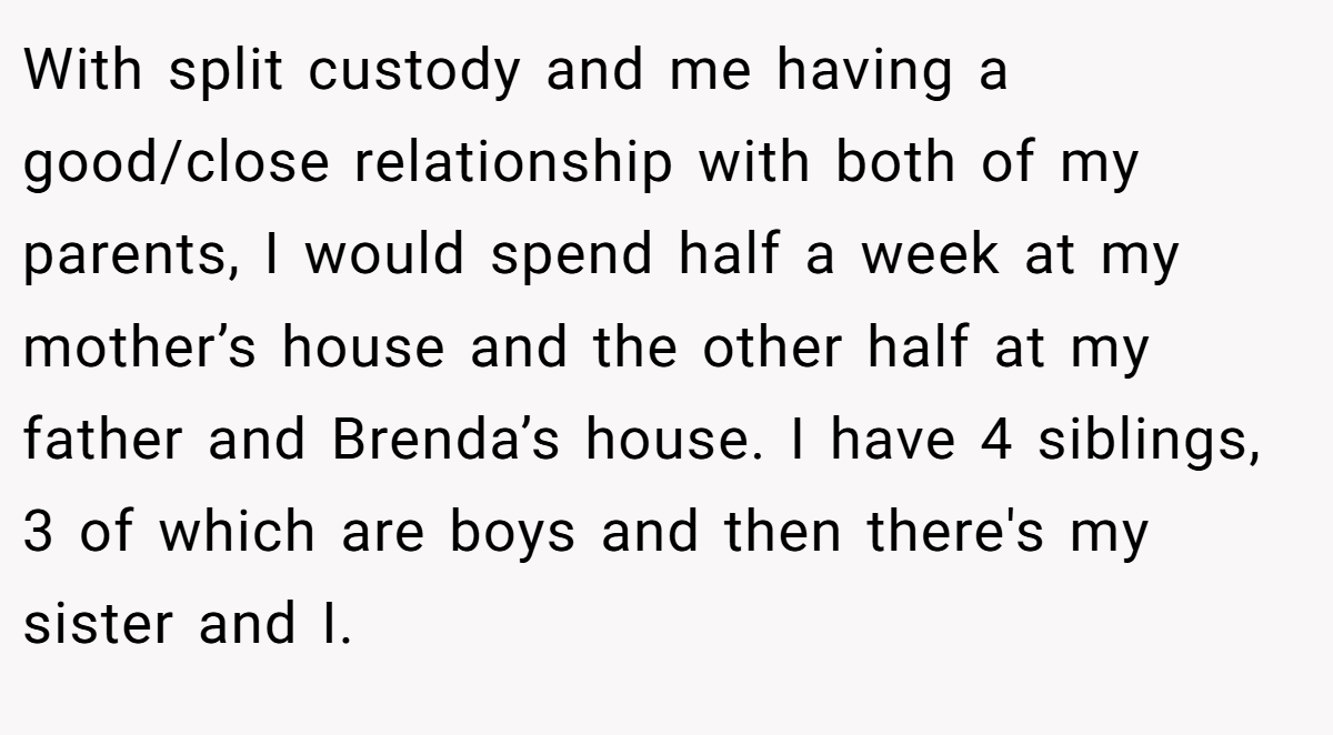 With split custody and me having a good/close relationship with both of my parents, I would spend half a week at my mother’s house and the other half at my father and Brenda’s house. I have 4 siblings, 3 of which are boys and then there's my sister and I.