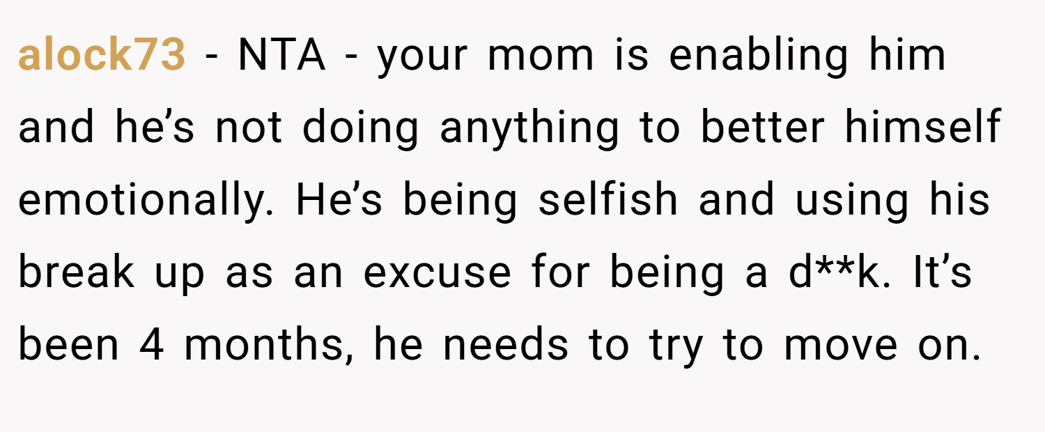 alock73 − NTA - your mom is enabling him and he’s not doing anything to better himself emotionally. He’s being selfish and using his break up as an excuse for being a d**k. It’s been 4 months, he needs to try to move on.
