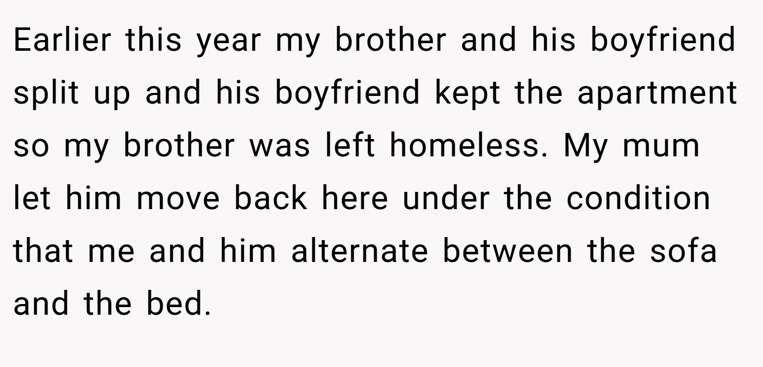 Earlier this year my brother and his boyfriend split up and his boyfriend kept the apartment so my brother was left homeless. My mum let him move back here under the condition that me and him alternate between the sofa and the bed.