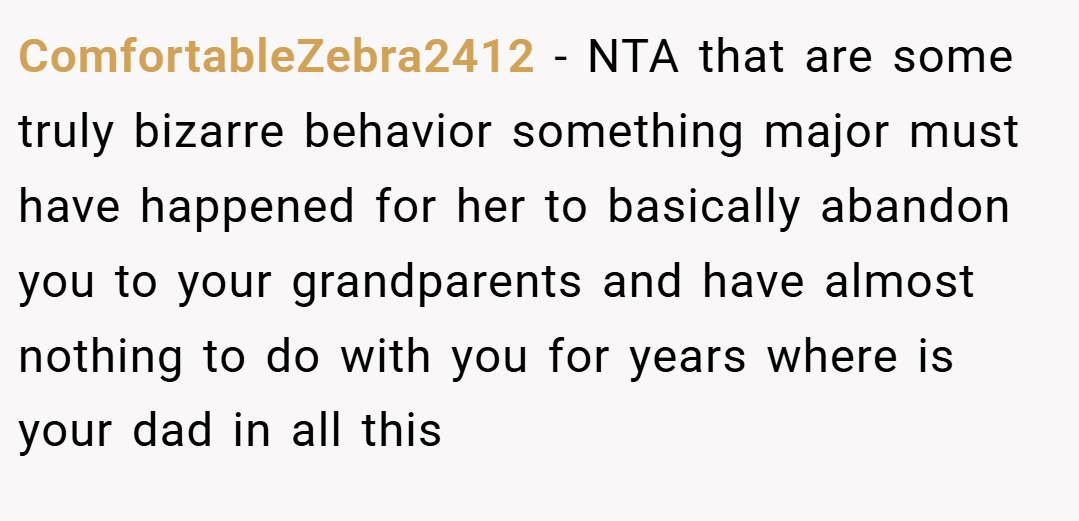 ComfortableZebra2412 − NTA that are some truly bizarre behavior something major must have happened for her to basically abandon you to your grandparents and have almost nothing to do with you for years where is your dad in all this