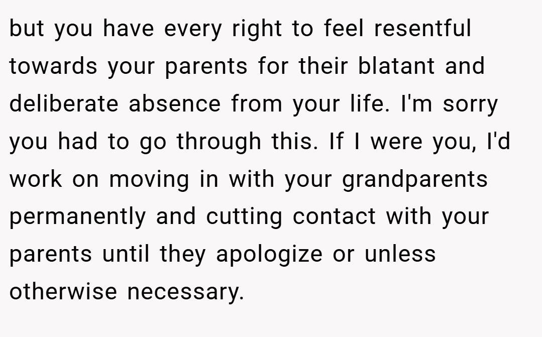 but you have every right to feel resentful towards your parents for their blatant and deliberate absence from your life. I'm sorry you had to go through this. If I were you, I'd work on moving in with your grandparents permanently and cutting contact with your parents until they apologize or unless otherwise necessary.