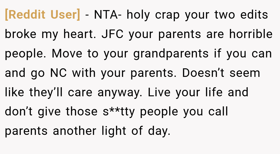 [Reddit User] − NTA- holy crap your two edits broke my heart. JFC your parents are horrible people. Move to your grandparents if you can and go NC with your parents. Doesn’t seem like they’ll care anyway. Live your life and don’t give those s**tty people you call parents another light of day.
