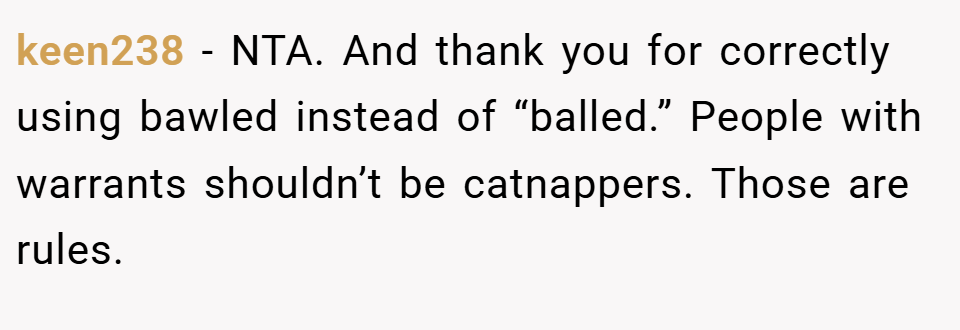keen238 − NTA. And thank you for correctly using bawled instead of “balled.” People with warrants shouldn’t be catnappers. Those are rules.