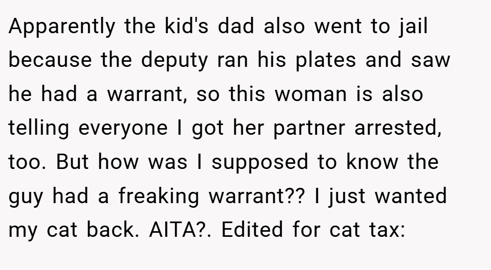 Apparently the kid's dad also went to jail because the deputy ran his plates and saw he had a warrant, so this woman is also telling everyone I got her partner arrested, too. But how was I supposed to know the guy had a freaking warrant?? I just wanted my cat back. AITA?. Edited for cat tax: 