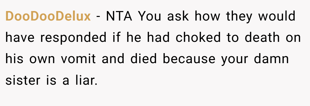 DooDooDelux − NTA You ask how they would have responded if he had choked to death on his own vomit and died because your damn sister is a liar.