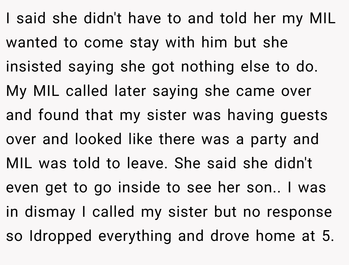 I said she didn't have to and told her my MIL wanted to come stay with him but she insisted saying she got nothing else to do. My MIL called later saying she came over and found that my sister was having guests over and looked like there was a party and MIL was told to leave. She said she didn't even get to go inside to see her son.. I was in dismay I called my sister but no response so Idropped everything and drove home at 5.