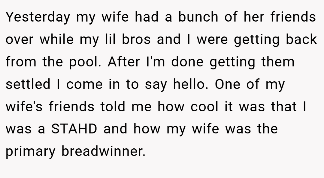 Yesterday my wife had a bunch of her friends over while my lil bros and I were getting back from the pool. After I'm done getting them settled I come in to say hello. One of my wife's friends told me how cool it was that I was a STAHD and how my wife was the primary breadwinner.