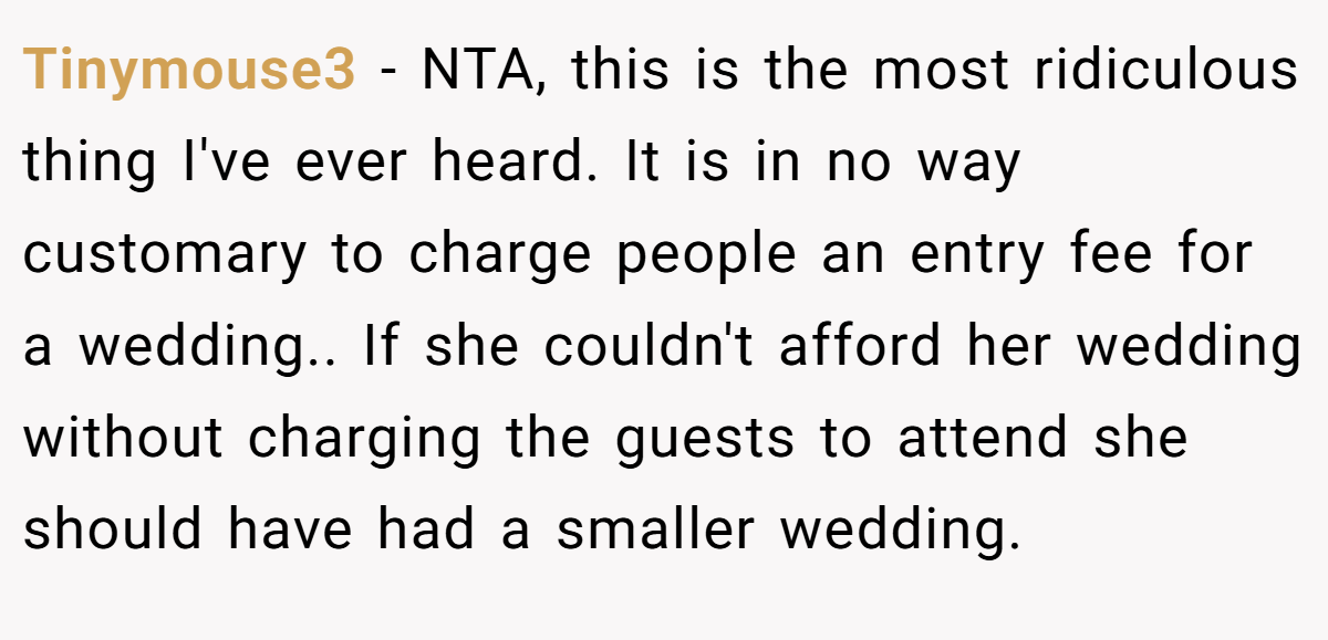 Tinymouse3 − NTA, this is the most ridiculous thing I've ever heard. It is in no way customary to charge people an entry fee for a wedding.. If she couldn't afford her wedding without charging the guests to attend she should have had a smaller wedding.