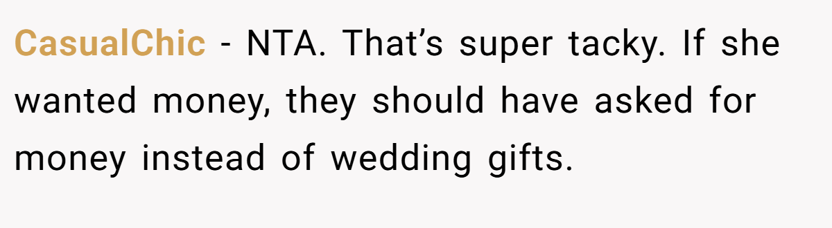 CasualChic − NTA. That’s super tacky. If she wanted money, they should have asked for money instead of wedding gifts.